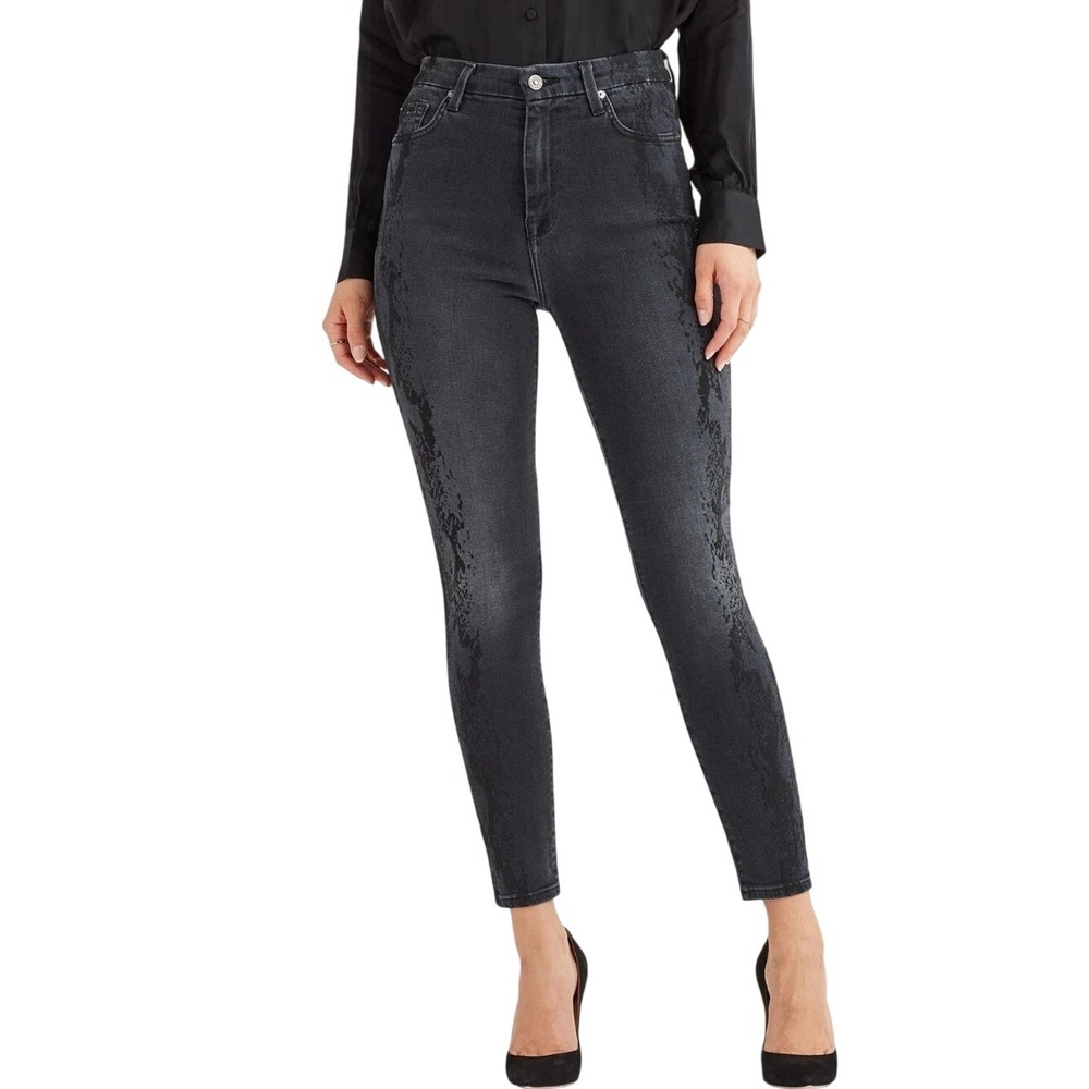 7 For All Mankind Aubrey Snake Print High Rise Skinny Jeans Black 26‎